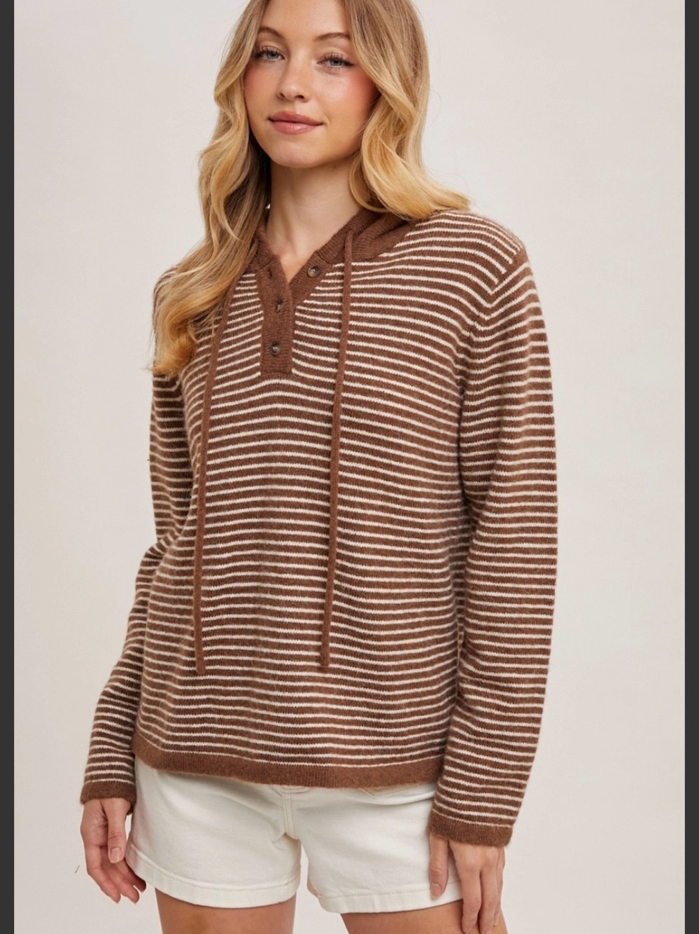 Bluivy Classic Striped Brown and Cream Hooded Henley Sweater Earth Tones